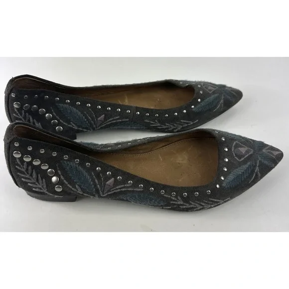 Frye Embroidered Studded Pointed Toe Slip On Ballet Flats Gray Suede 9M Size 9 - Picture 6 of 10